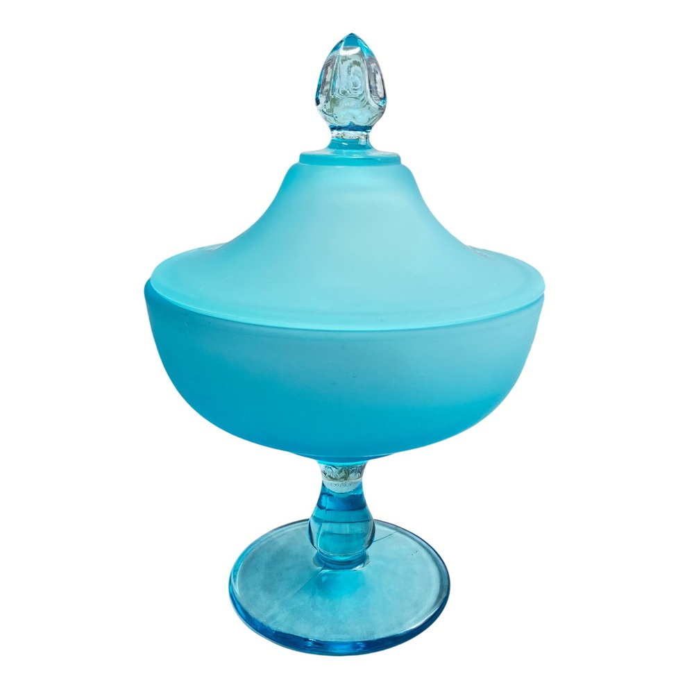 Frosted Glass Compote Candy Dish 8.5" Turquoise Blue Satin Pedestal Lid